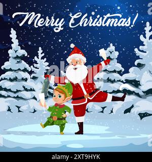 Cartoon Weihnachtsmann und Elf mit Gläsern Sekt und Flasche. Betrunkener Weihnachtsmann und Weihnachtshelfer Vektorfiguren tanzen mit Alkohol trinken auf der Weihnachtsfeierfeier im Winterwald Stock Vektor