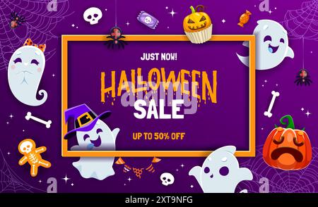 Halloween Sale Banner mit Weihnachtsbonbons, Rahmen und süßen kawaii Geisterfiguren, Vektor Hintergrund. Halloween 50 % Rabatt oder Sonderaktion mit lustigen Buh-Geistern, Kürbis-Cupcake und Schädel Stock Vektor