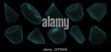 3D-Gitterformen, geometrische Drahtmodelle. Vektorsatz dreidimensionaler futuristischer Formen wie Kegel, Kugeln, Pyramiden, Würfel, Zylinder oder Torus und abstrakte verdrehte digitale Gitterstrukturen Stock Vektor