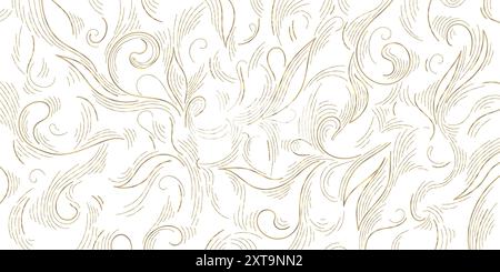 Vektor-Gold auf weißem Wirbel-Motiv, Linie luxuriöses königliches Muster. Elegantes Blumenschmuck im Vintage-Stil, filigraner Hintergrund. Viktorianische Tapete, Art déco Stock Vektor