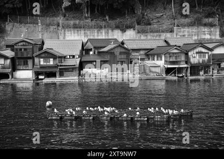 Schwarz-weiß-Bild der traditionellen Holzfischer Funaya Bootshäuser in ine, nördlicher Präfektur Kyoto am Japanischen Meer am 17. Februar 2024 Stockfoto