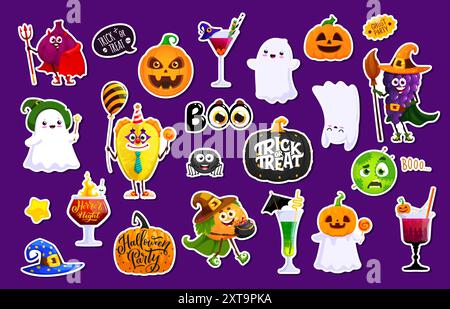 Halloween-Aufkleber mit gruseligen und lustigen Emoji-Charakteren. Vektor-Patches Set, Teufelsfeigen, Hexentrauben, Jack Laterne Kürbisgesicht, süße Kawaii-Geister, Spinne, Cocktailglas, unheimliche Clown oder Zauberhut Stock Vektor