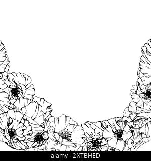 Hand gezeichnete Vektor-Grafik botanische Illustration Blumen Blätter. Roter Mohn Papaver, Stiele Knospen Samenkörner. Rahmen isoliert auf weißem Hintergrund Stock Vektor