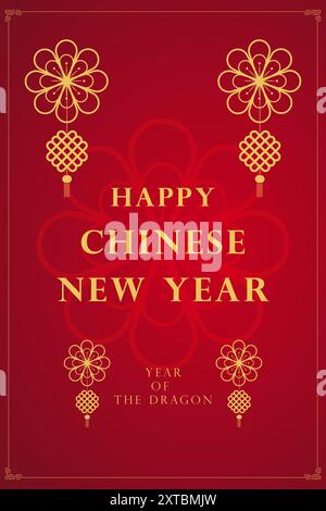 Chinesisches Neujahrsbanner-Vektor-Design in roten, goldenen und weißen Farben für Abdeckung, Karte, Poster, Banner gesetzt. Chinesisches Tierkreissymbol Drachen. Hieroglyphen Stock Vektor