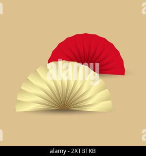 Ein chinesisches Neujahrsfest mit Elementen, Fächern, roten und goldenen Objekten für die Produktvorführung. Luxuriöser chinesischer Fanfuß oder Podium mit faltbaren Ventilatoren auf goldener Rückseite Stock Vektor