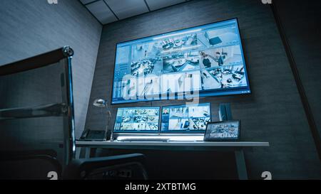 Überwachungsvideos von Überwachungskameras im Büro, die auf Computermonitoren, Tablet-Display und großem Digitalbildschirm in einem dunklen, modernen Überwachungszentrum angezeigt werden. Arbeitsplatz für CCTV-Bediener. Stockfoto