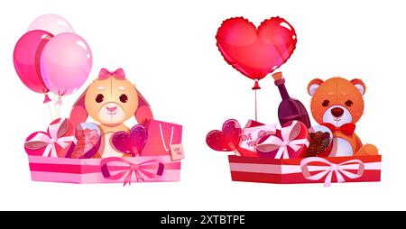 Valentinstag- oder Geburtstagsgeschenke mit Schokoladenbonbons in herzförmiger Geschenkbox mit Schleife und Schleife, Teddybär- und Hasenspielzeug, roten und rosa Ballons, Lutscher am Stock, Flasche Wein. Stock Vektor