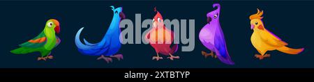 Helle tropische Papageien für Sommerdesign. Zeichentrickvektor-Illustration Set von niedlichen Dschungelvögeln mit bunten Federn. Exotische kindliche Tierfiguren für Wildtiere, Regenwald-Paradies-Kunstwerke. Stock Vektor
