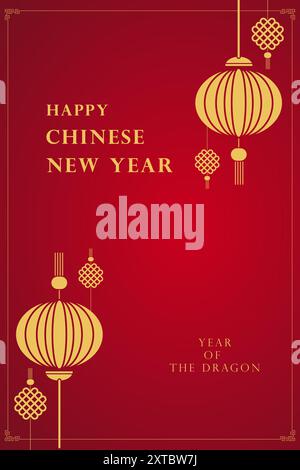 Chinesisches Neujahrsbanner-Vektor-Design in roten, goldenen und weißen Farben für Abdeckung, Karte, Poster, Banner gesetzt. Chinesisches Tierkreissymbol Drachen. Hieroglyphen Stock Vektor