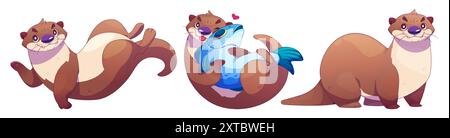 Niedliches Otter-Zeichentrickfiguren-Maskottchen in verschiedenen Posen. Vektor-Illustration Set von lustigen lächelnden Wassertieren mit braunem Pelz schwimmend und winkende Pfote, umarmt große Fische mit Liebe, entzückendes Stehen. Stock Vektor