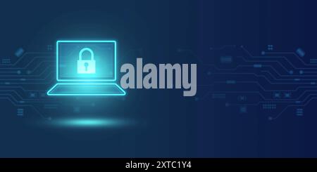 Geschlossenes Vorhängeschloss mit Laptop auf digitalem Hintergrund und Sicherheit abstrakte Technologie Hintergrund, Decodiertechnologie und Computer Netzwerk Schutz conc Stockfoto