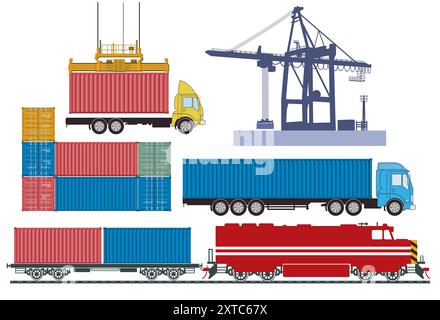 Containertransport mit LKW und Güterzug., Illustration Stockfoto