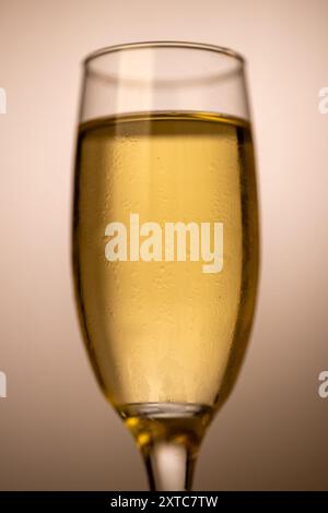 Eine vertikale Nahaufnahme eines gekühlten Champagnerglases, gefüllt mit prickelndem Champagner, vor einem glänzenden goldenen Farbverlauf. Perfekt für Festtage Stockfoto