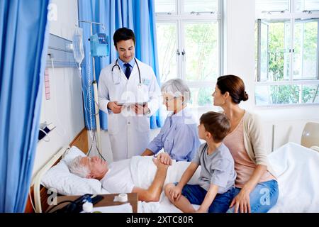 Patient, Arzt und Familie im Bett in Klinik, Arzt und Diagnose mit Tablette für Senioren. Menschen, Unterstützung und Liebe für den Besuch von OR Stockfoto