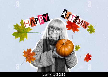 Zusammengesetzte Fotocollage der glücklichen alten Frau halten Kürbis Thanksgiving Tag Feier Herbstferien Blätter isoliert auf gemalten Hintergrund Stockfoto