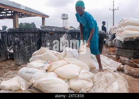 Die Weibchen in Abuja kämpfen in einer lokalen Maniok-Verarbeitungsfabrik unter schwierigen Bedingungen, um Mehl herzustellen, während sie die Spreu aus fermentiertem Maniok waschen. Angesichts der wirtschaftlichen Unsicherheiten stehen diese jungen Mädchen und Frauen vor verschiedenen Herausforderungen, um sich selbst zu stärken, Arbeitsplätze für andere zu schaffen und den Lebensunterhalt zu sichern. Die meisten Frauen hier sind Brotgewinner und sie kämpfen für ihre Familien. Nigeria. Stockfoto