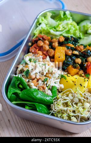 Eine große Lunchbox mit gemischten Salaten, Kichererbsen und keimenden Pulsen. Stockfoto