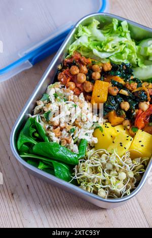 Eine große Lunchbox mit gemischten Salaten, Kichererbsen und keimenden Pulsen. Stockfoto