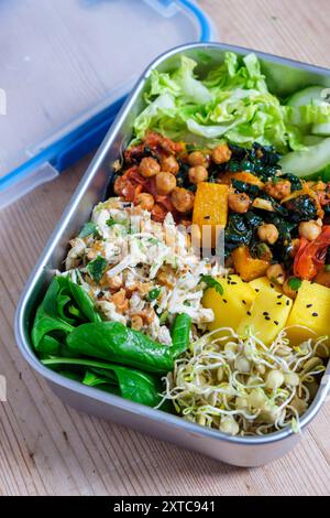 Eine große Lunchbox mit gemischten Salaten, Kichererbsen und keimenden Pulsen. Stockfoto