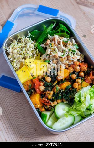 Eine große Lunchbox mit gemischten Salaten, Kichererbsen und keimenden Pulsen. Stockfoto