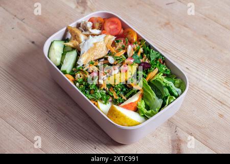 Eine Lunchbox aus Plastik mit hausgemachtem frischem Salat, Tomaten, geschnittenem Apfel und geräuchertem Makrelenfilet. Stockfoto