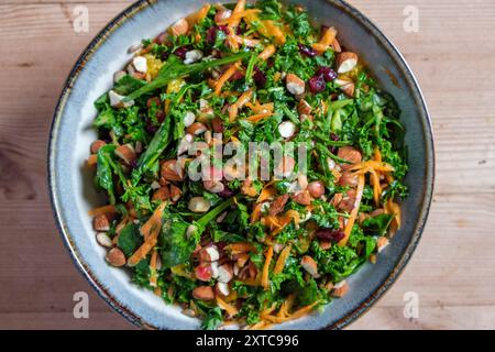 Ein großes rohes Gemüsesalat mit Grünkohl, Karotten, Mandeln, getrockneten Carnbeeren und Granatapfel. Stockfoto