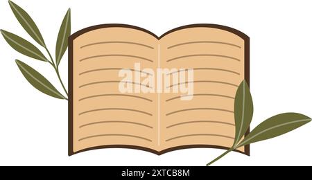 Vektorillustration eines offenen Buches mit grünen Blättern. Buch mit Text für Illustrationen für die Schule, in gemütlichen Herbstfarben. Flache Zeichentrickdekoration Stock Vektor