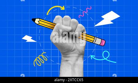 Retro Collage Hand mit Bleistift. Banner mit Bildungskonzeption. Zurück zur Schule. Zeitgenössische Vektorillustration. Stock Vektor