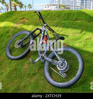 Ein Mountainbike, das auf dem Rasen liegt, während der Fahrer (nicht abgebildet) ruht Stockfoto