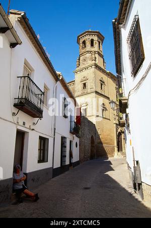Straße und Old University. Baeza, Provinz jaen, Andalusien, Spanien. Stockfoto