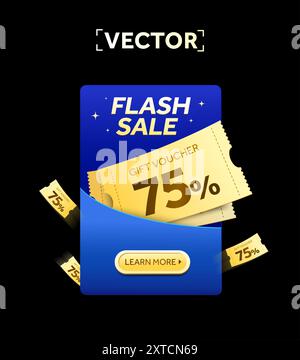 3D Flash Sale Coupon mit Coupon Code, Prozentsatz Rabatt in einem Umschlag, isoliert auf dunklem Hintergrund. Geschenkgutscheinbanner für Sonderaktionen. 3D-Vektordarstellung. Vektorabbildung Stock Vektor