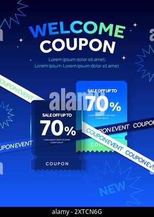 3D-Rabattgutschein mit Klebeband, prozentualem Rabatt und Gutscheincode, isoliert auf blauem Hintergrund. Banner für Sonderrabatte. 3D-Coupon-Banner. Vektorabbildung. Vektorabbildung Stock Vektor