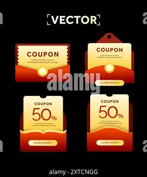 3D-Spezialpackung mit gelben Coupons in rotem Umschlag, mit Gutscheincode, Rabatt in Prozent, isoliert auf Hintergrund. Geschenkgutscheinsymbole für Sonderaktion. 3D-Vektordarstellung. Vektorabbildung Stock Vektor