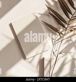 Minimalistische Komposition mit getrocknetem Palmblatt und leerem Papiermockup, Palm, ästhetischem Beige, Hochzeitseinladung Stockfoto