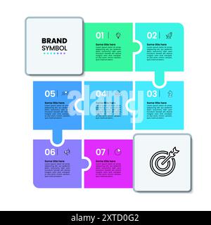 Infografik-Vorlage mit Symbolen und 7 Optionen oder Schritten. Puzzle. Kann für Workflow-Layout, Diagramm, Banner und Webdesign verwendet werden. Vektorabbildung Stock Vektor