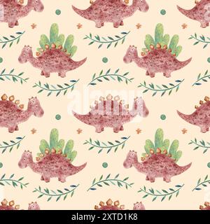 Nahtloses Muster mit handgezeichneten süßen pinken Dinosauriern im skandinavischen Stil. Rosa und Braun. Kreative Aquarellmode für Kinder Stockfoto