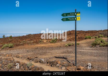 Grüner Wegweiser, der die Wanderer in die vulkanische Landschaft des Mount Tiede Nationalparks auf Teneriffa, Spanien, führt. Stockfoto