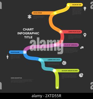 Einfache Zeitachsenvorlage für Diagramme aus dicken Liniensegmenten in Regenbogenfarben. Dunkle Mehrzweck-Infochart-Vorlage mit Hauptmeilensteinen oder wichtigen Meilensteinen Stock Vektor