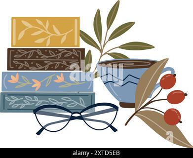Herbstvektorzusammensetzung. Buchstacheln, Gläser, eine Tasse mit einem warmen Getränk, Zweige von Blättern und Beeren. Gemütliches Clipart in Herbstfarben blau, gelb Stock Vektor