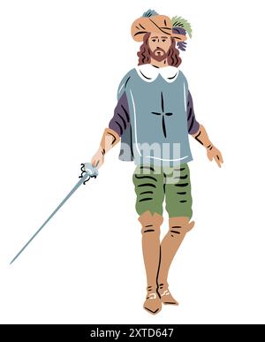 Musketier mit einem Schwert. Ein Mann mit einem Hut mit Federn. Antike königliche französische Soldaten. Geschichte Frankreichs. Vektorillustration isoliert auf weißem Hintergrund Stock Vektor