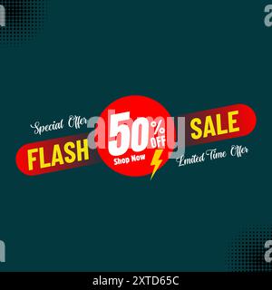 Sonderangebot 50 % Rabatt auf Shop Now Bannervorlagen mit isoliertem Hintergrund auf dunklem Hintergrund, Flash Sale Shopping Poster oder Banner mit Flash-Symbol. Stock Vektor