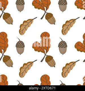 Nahtloses Vektormuster mit Eichel und Eichenblatt in flachem Stil. Elemente für Herbstdesign in brauner Farbe. Natürlicher Clipart mit Blumenmuster für ein angenehmes Tragegefühl Stock Vektor
