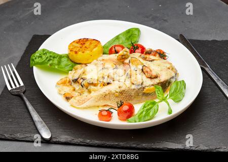 Köstliches gebackenes Lachssteak mit Sahnesauce und Muscheln wird auf einem Teller serviert und verzehrfertig serviert Stockfoto