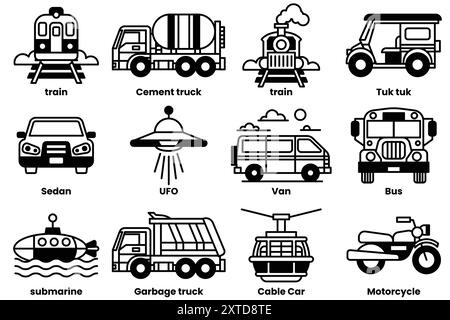 Eine Reihe von Schwarzweiß-Zeichnungen verschiedener Fahrzeuge, einschließlich Autos, Busse, Züge und Lkw Stock Vektor