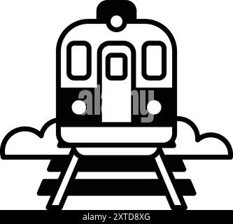 Ein Zug ist auf den Gleisen mit Wolken im Hintergrund. Der Zug ist schwarz-weiß Stock Vektor