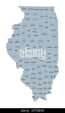 Illinois, US-Bundesstaat, unterteilt in 102 Countys, graue politische Karte mit Grenzen und County-Namen. Bundesstaat im Mittleren Westen der USA. Stockfoto