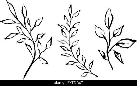 Vektorzweige mit Blättern im chinesischen Tintenkalligraphiestil. Vektorkontur Satz von Illustrationen. Botanische Elemente für Verpackungen, Tätowierungen und Textilien Stock Vektor