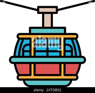 Eine schwarz-weiße Zeichnung einer Seilbahn. Die Seilbahn hängt in der Luft und hat ein großes Fenster auf der Vorderseite. Die Szene ist ruhig und friedlich, so wie die Stock Vektor