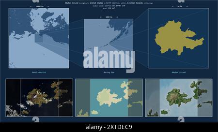 Akutan Island in der Beringsee - gehört zu den Vereinigten Staaten. Beschriebenes Lagediagramm mit gelber Form der Insel und Beispielkarten ihrer Umgebung Stockfoto