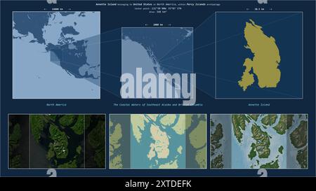 Annette Island in den Küstengewässern von Südost-Alaska und British Columbia - gehört zu den Vereinigten Staaten. Beschriebenes Lagediagramm mit Gelb Stockfoto